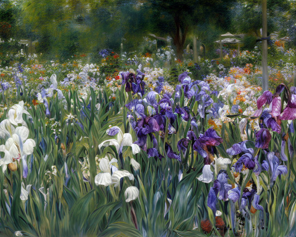 Vibrant purple and white iris flowers in lush garden painting.