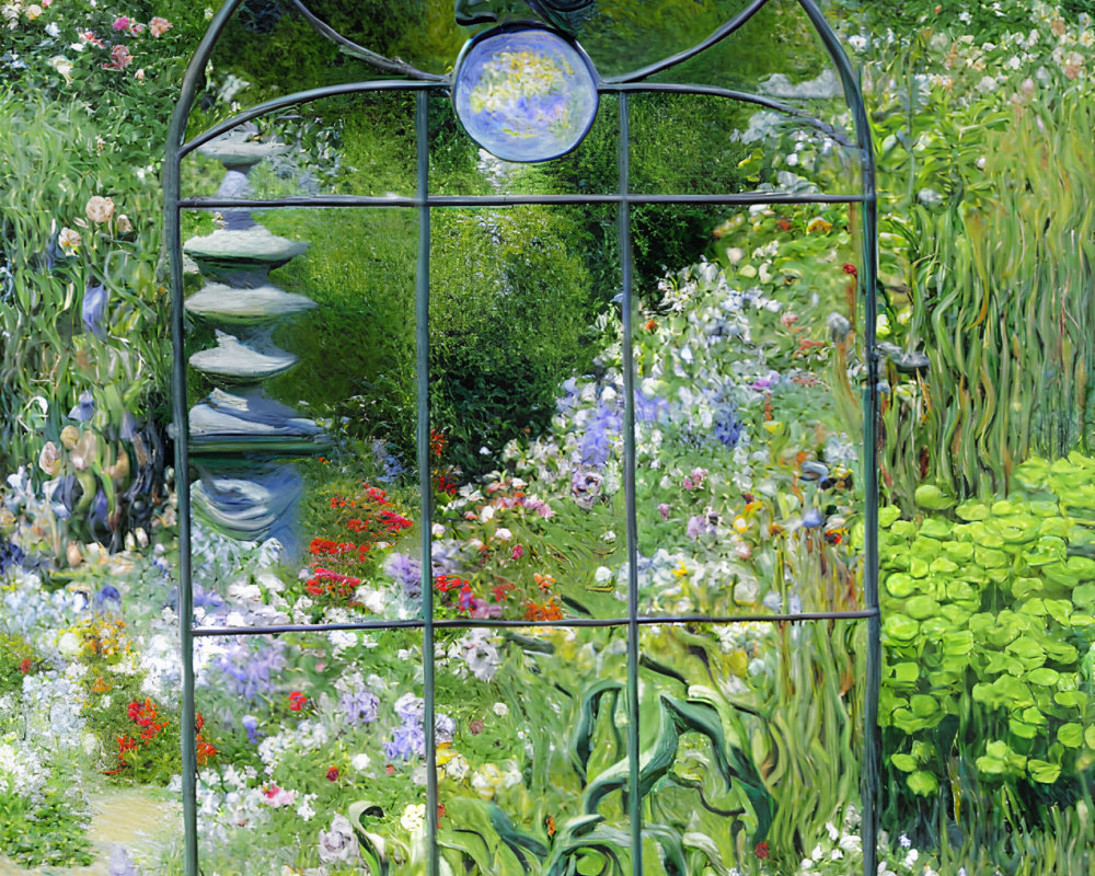 Colorful garden painting seen through ornate metal gate with lush greenery, flowers, and blue sky