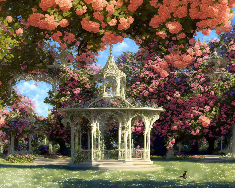 Idyllic garden with lush green grass and pink blooming trees around a white gazebo