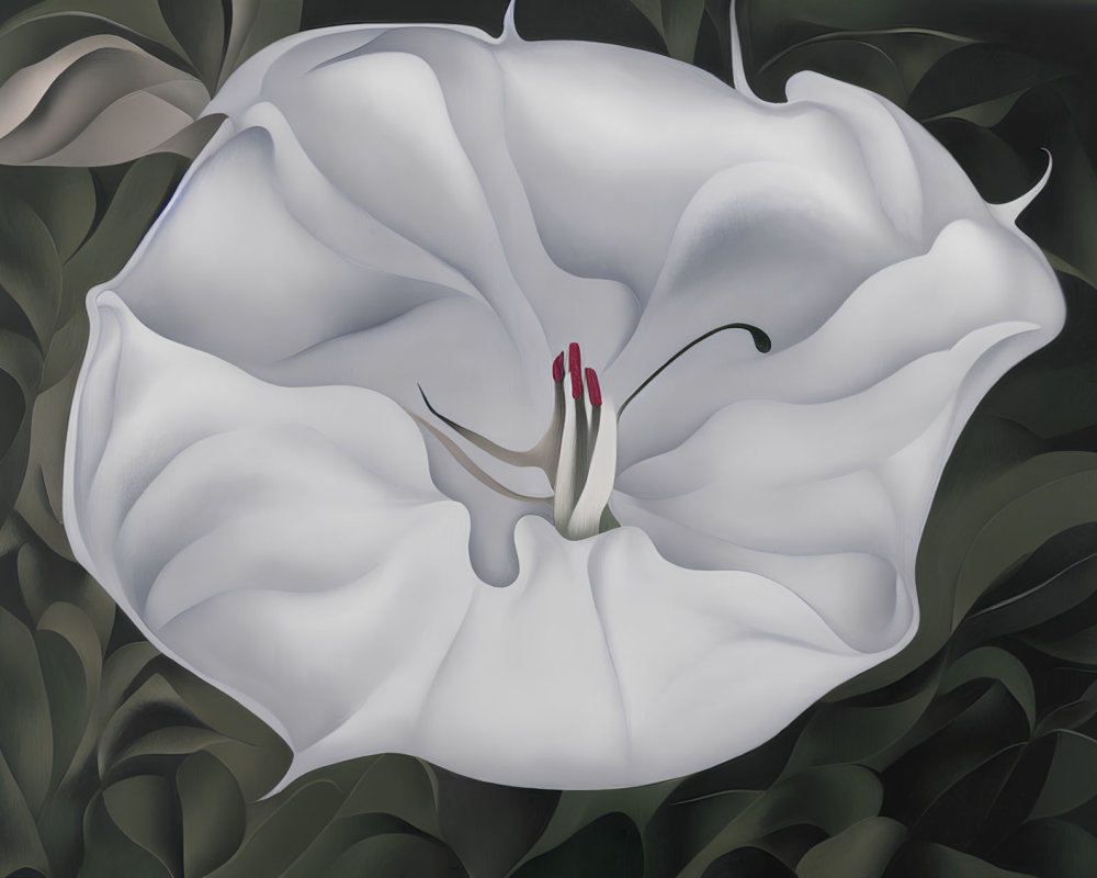 White Flower Painting with Red Stamen and Dark Green Leaves