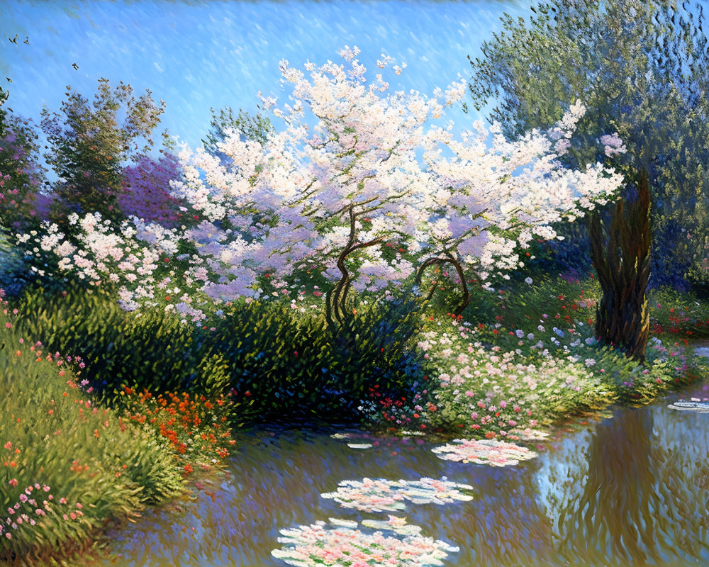 Impressionist-style painting of lush garden with white tree, pond, and colorful flora