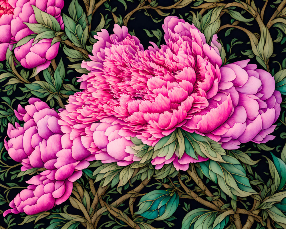 Detailed pink peonies illustration on dark background