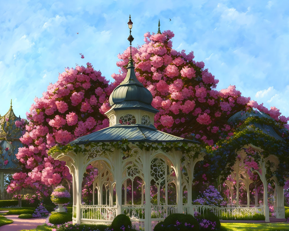 Ornate Gazebo in Pink Cherry Blossom Garden