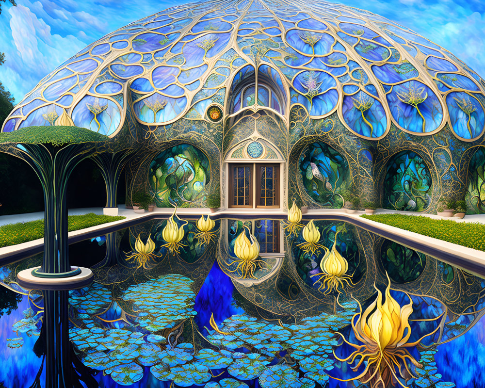 Fantasy illustration of ornate glass dome with lotuses and figure