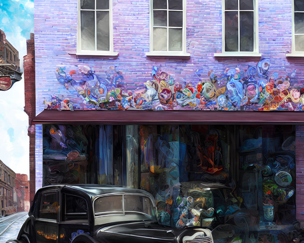 Vintage Black Car Parked in Front of Vibrant Purple Building