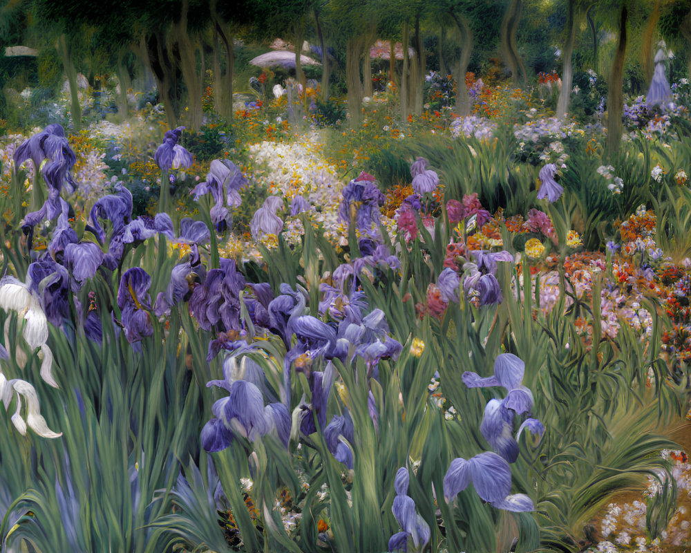 Vibrant garden scene with purple irises and colorful flowers