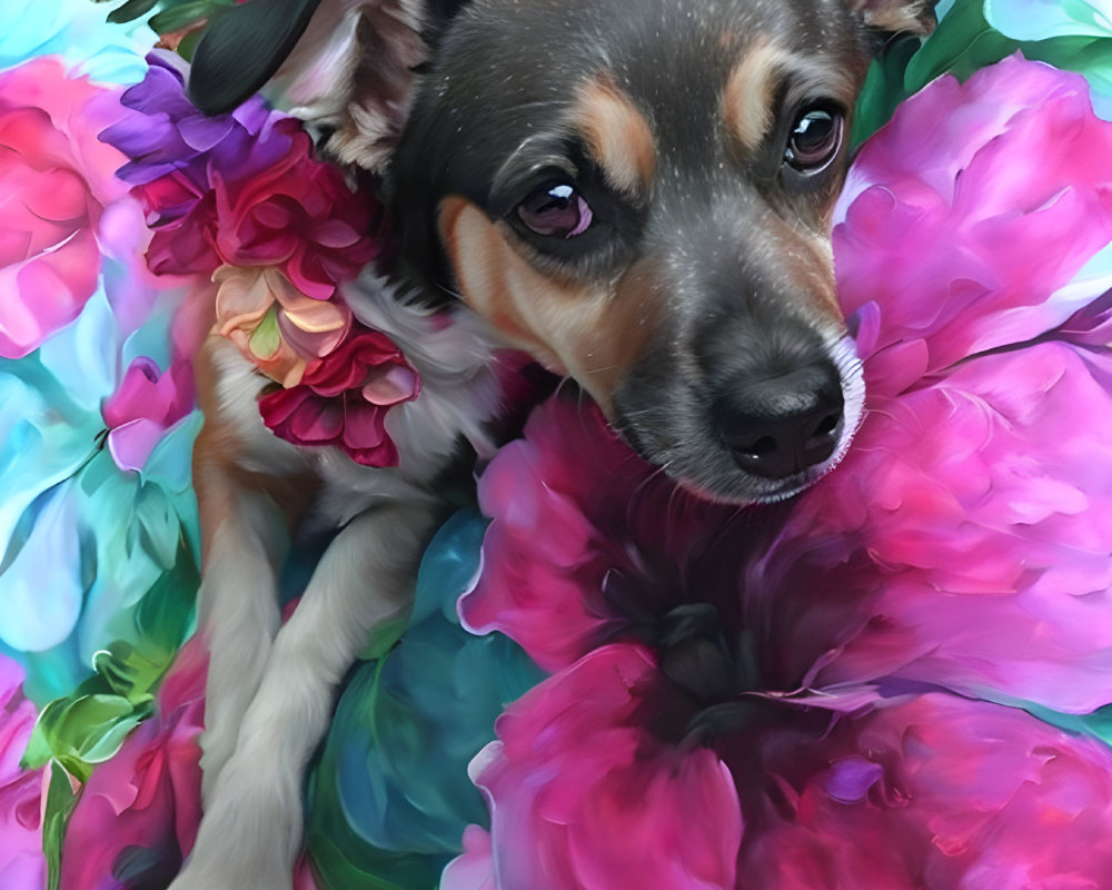 Small Dog with Large Ears Among Multicolored Flowers