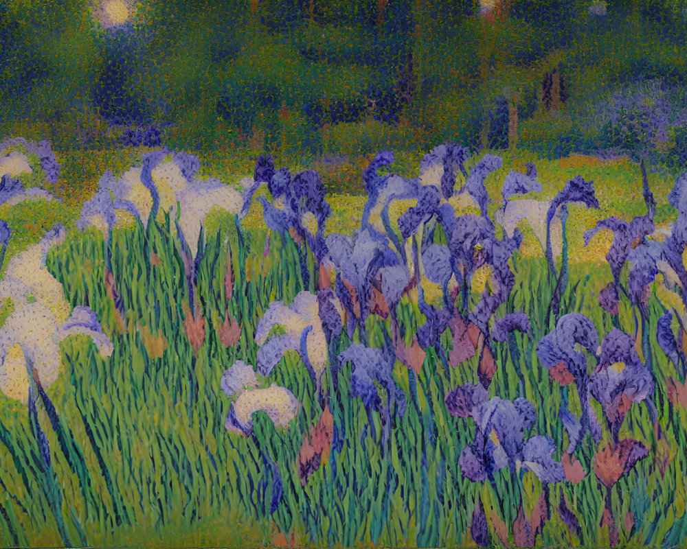 Vibrant blue and white irises in impressionist style