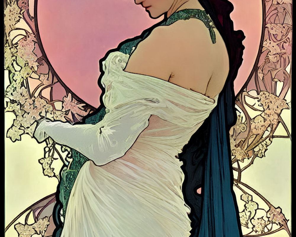 Art Nouveau Style Woman Illustration in White Dress with Blue Shawl