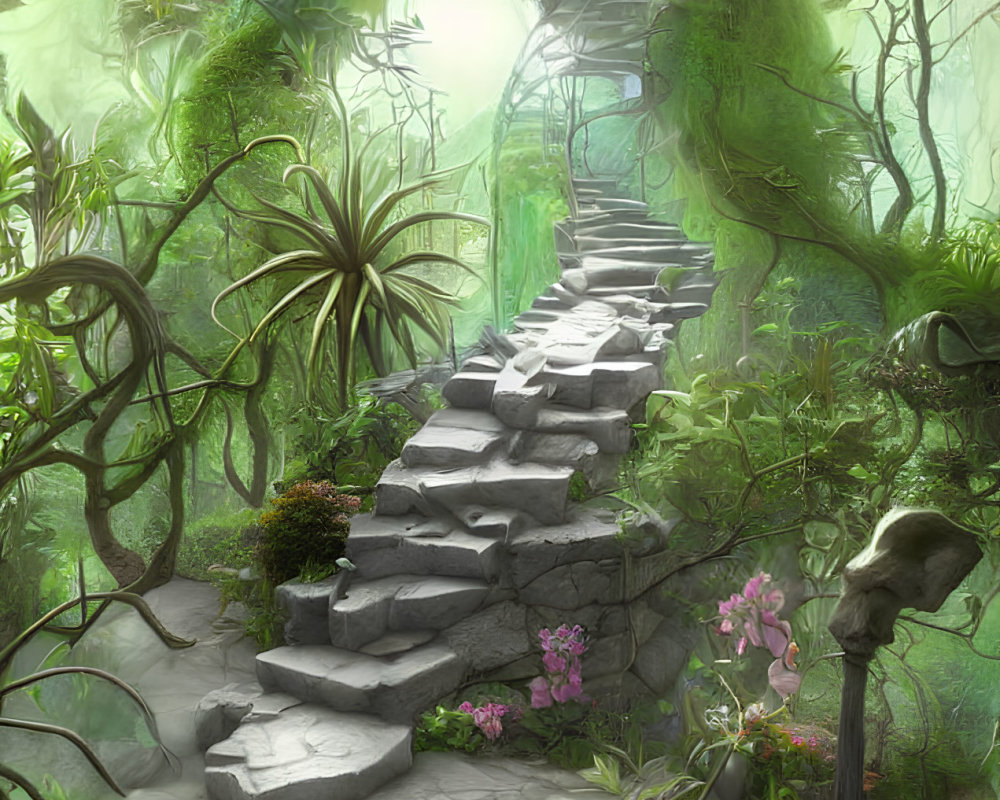 Mystical stone staircase in lush forest with glowing archway