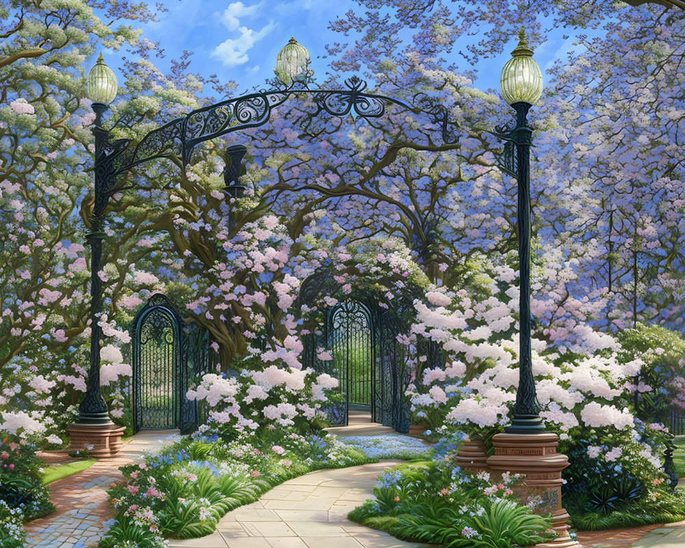 Wrought-iron gate garden with cherry blossoms and vintage lamp posts