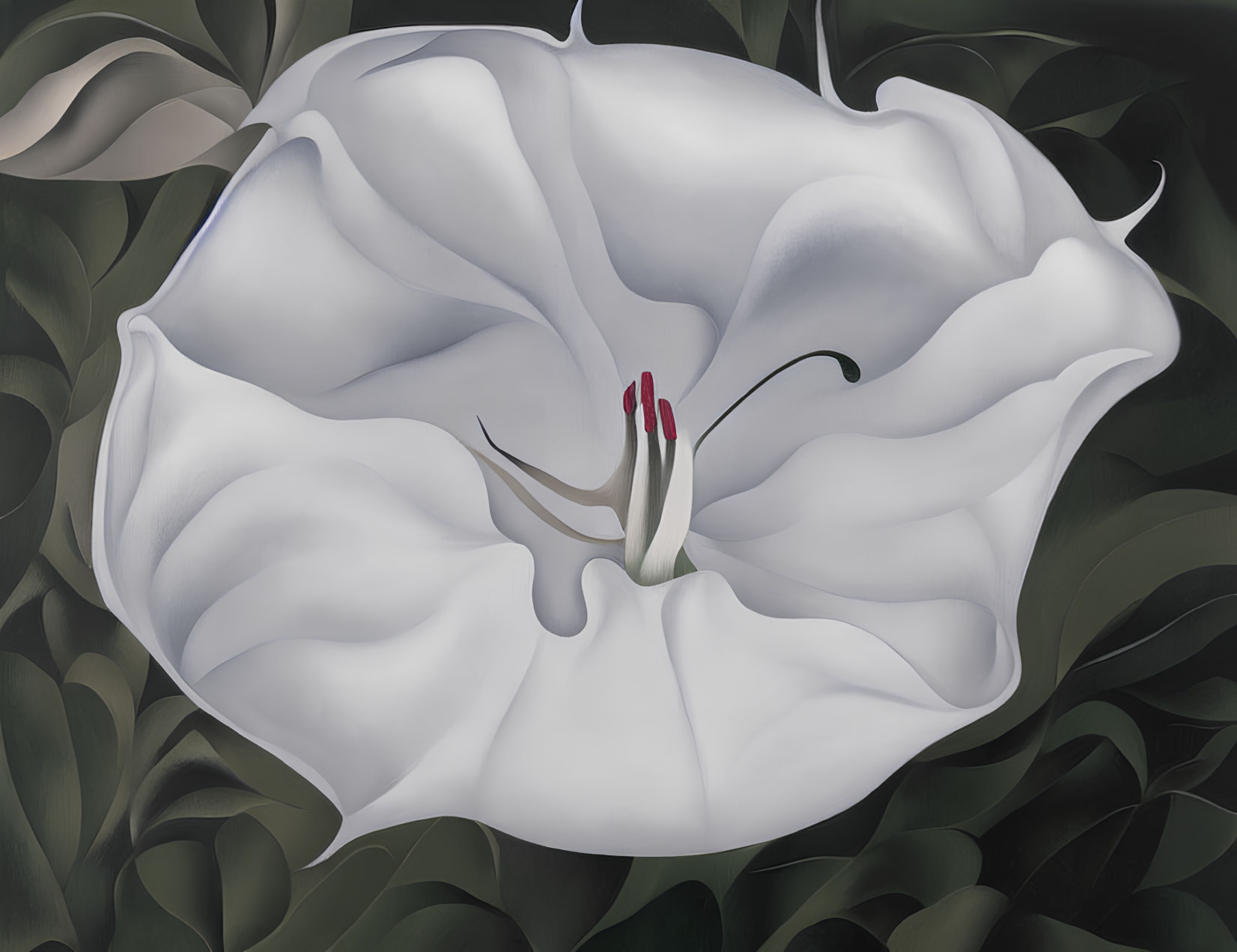 White Flower Painting with Red Stamen and Dark Green Leaves