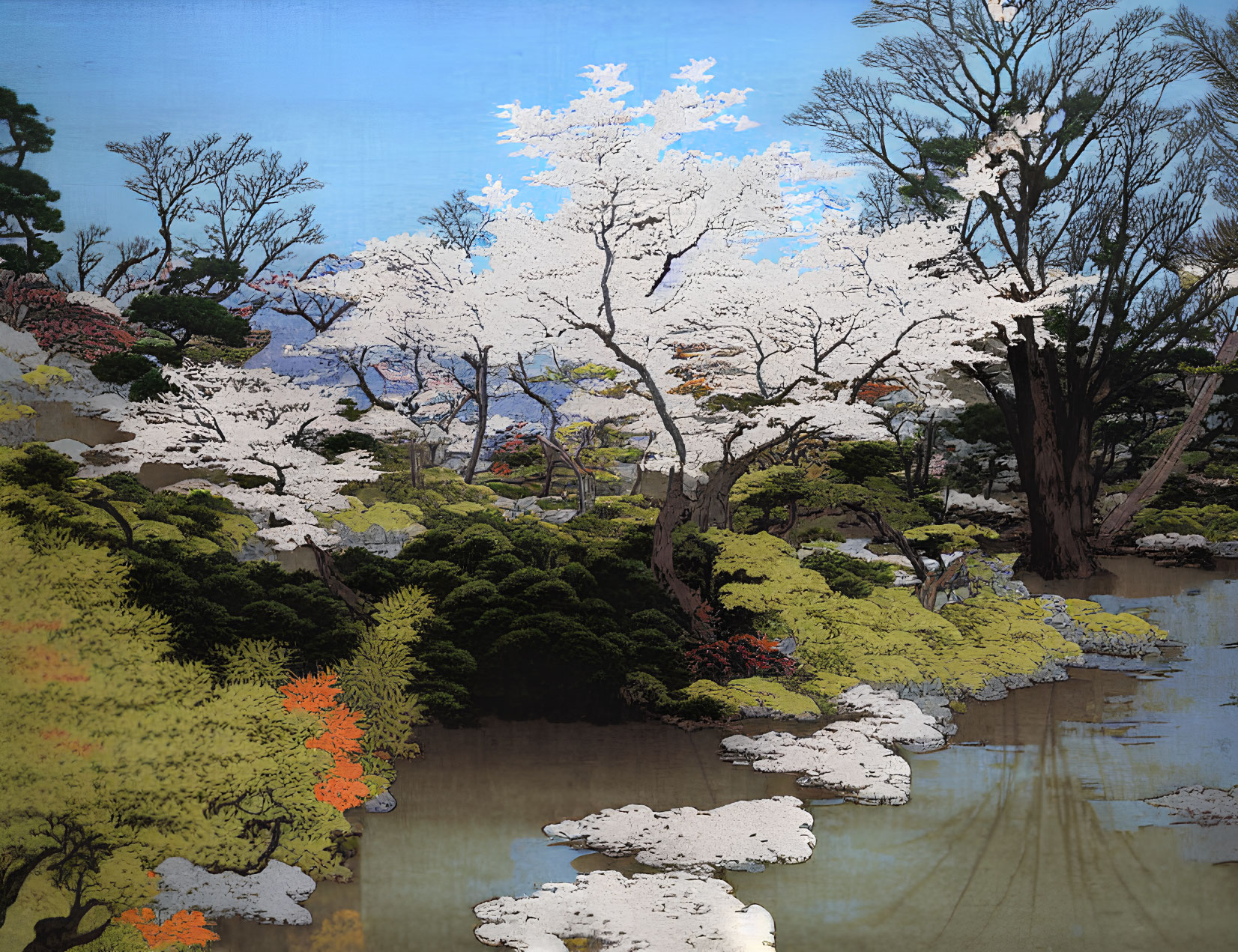 Japanese-style painting: Cherry blossoms, serene pond, lush greenery, vibrant and muted colors