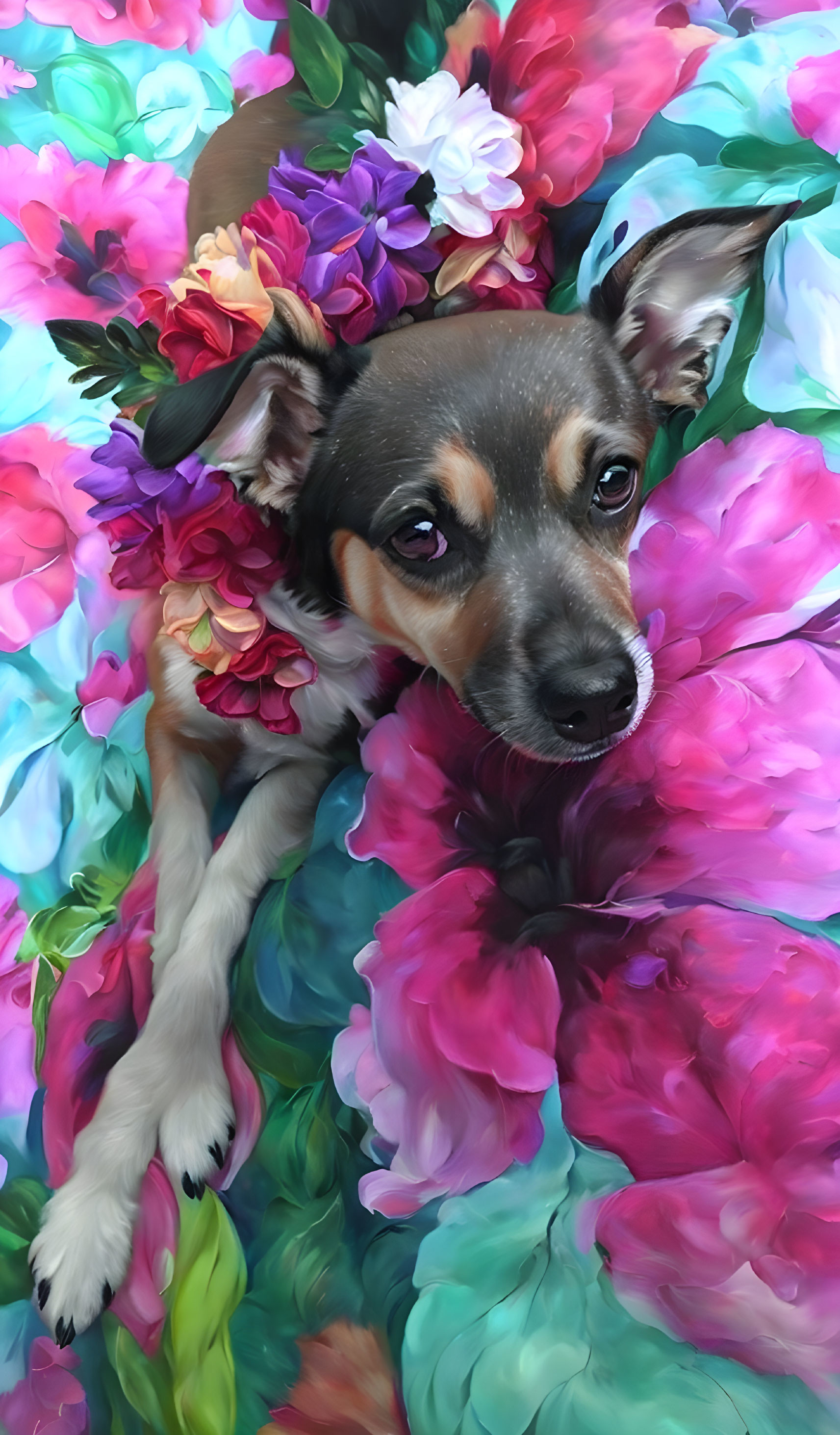 Small Dog with Large Ears Among Multicolored Flowers