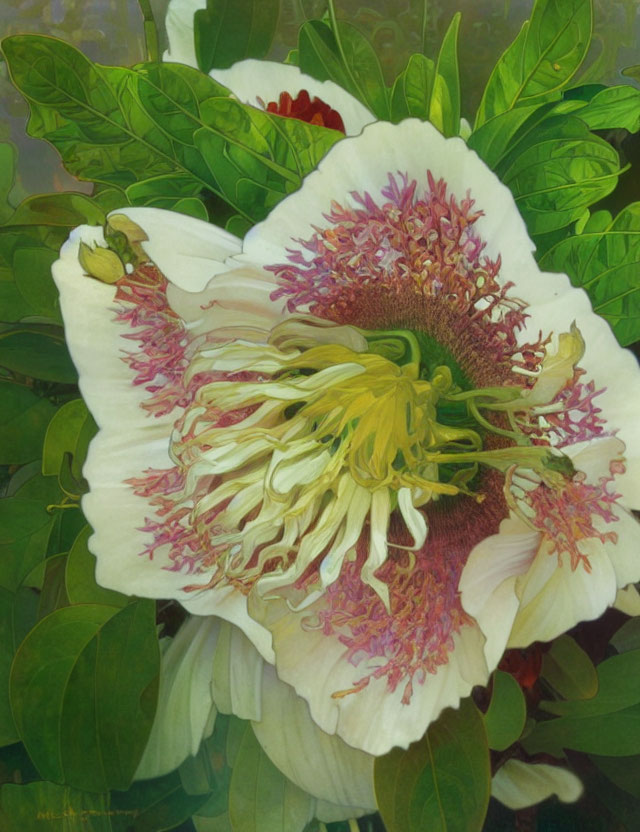 Detailed Painting of White Peony with Yellow Stamens and Pink Carpels