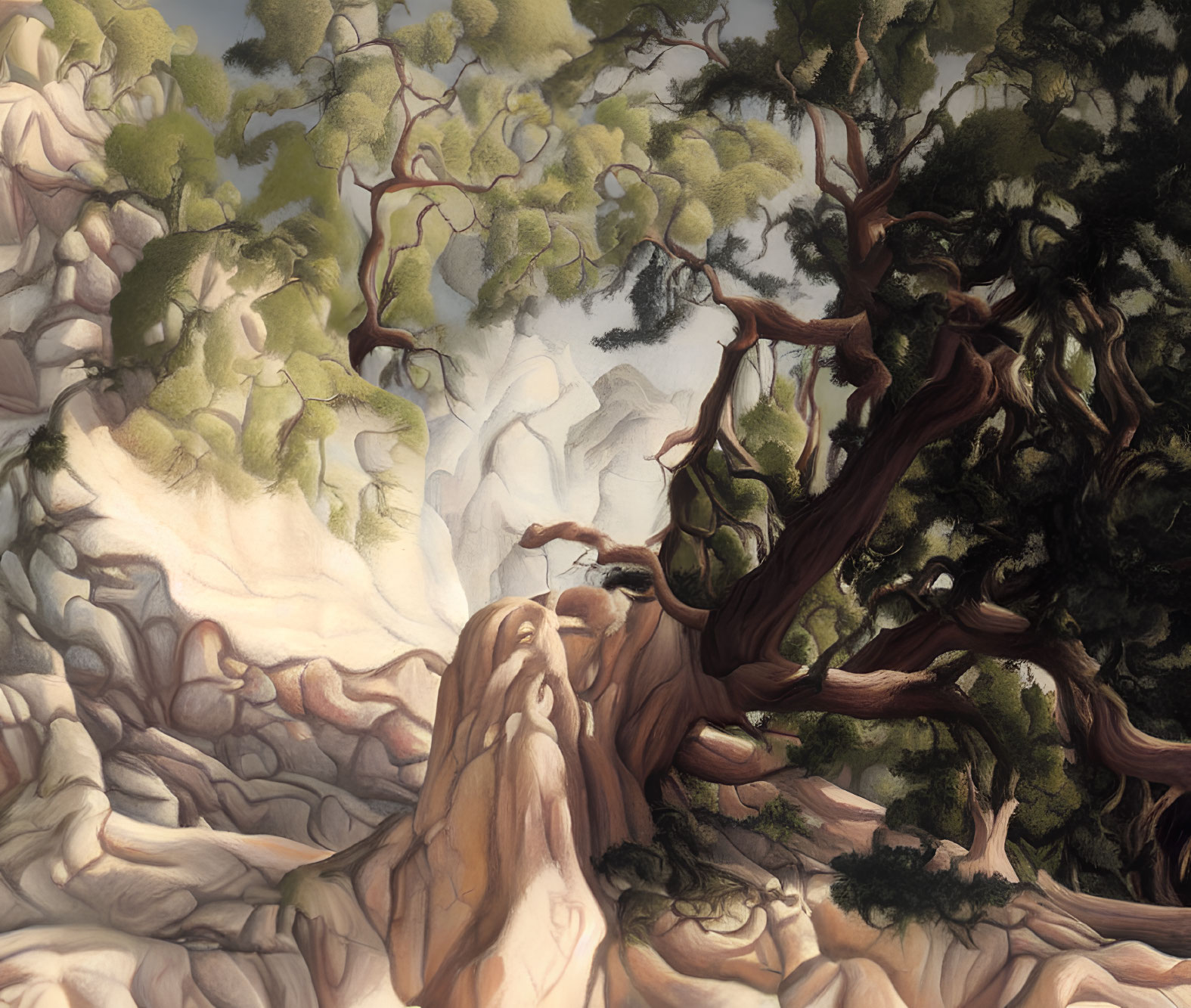 Surreal ancient tree illustration in rocky terrain