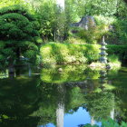 Tranquil Japanese garden with lush greenery, pond, flowers, and pagoda