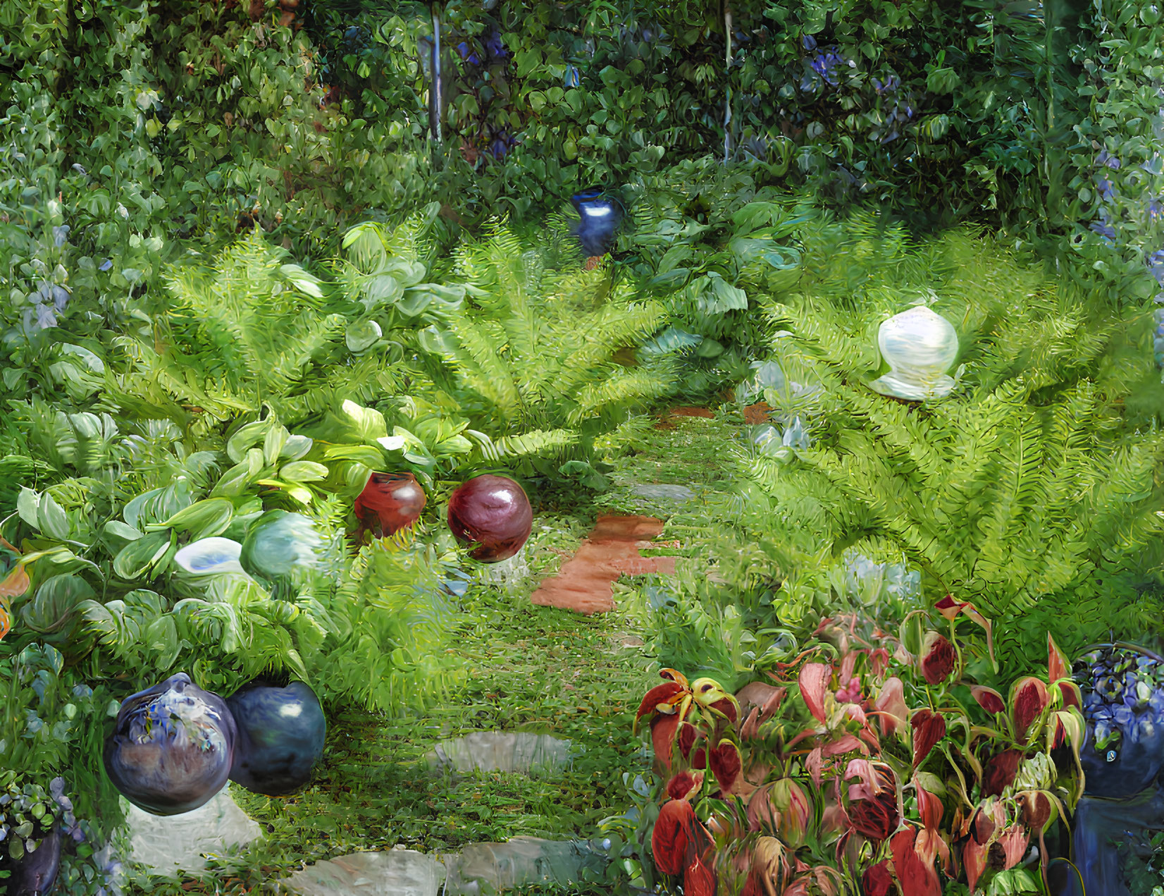 Colorful garden painting with lush greenery, flowers, orbs, and stone path.