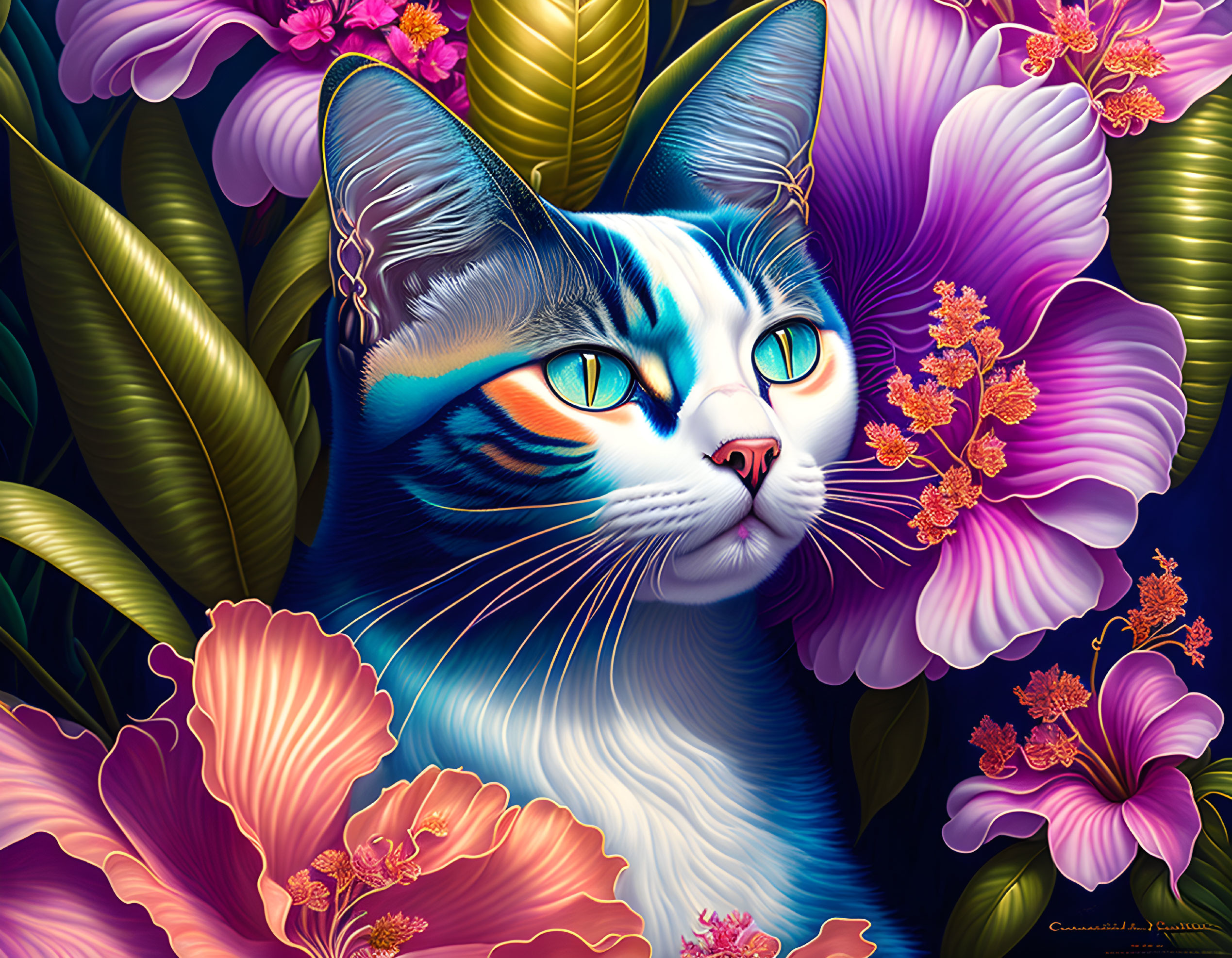 Vibrant Digital Artwork: Blue and White Cat with Tropical Flowers