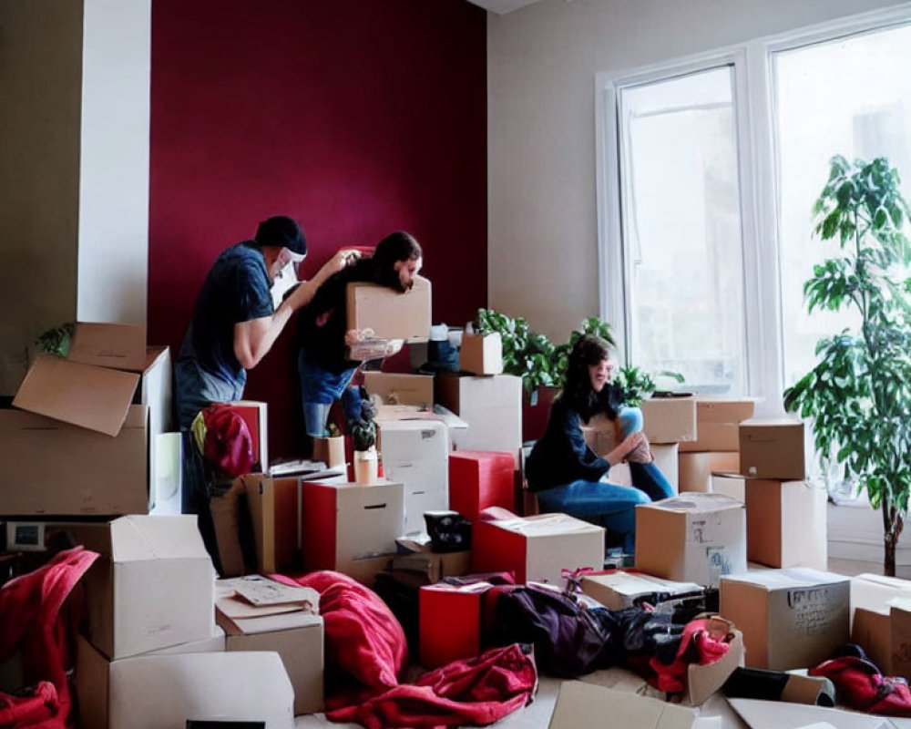 Three People Sorting Items in Room with Red Wall