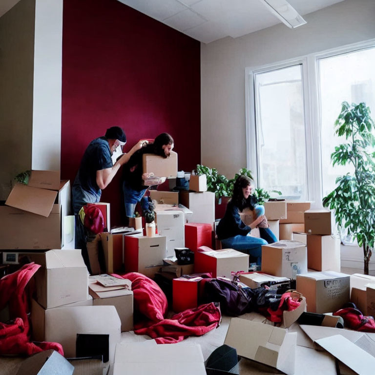 Three People Sorting Items in Room with Red Wall