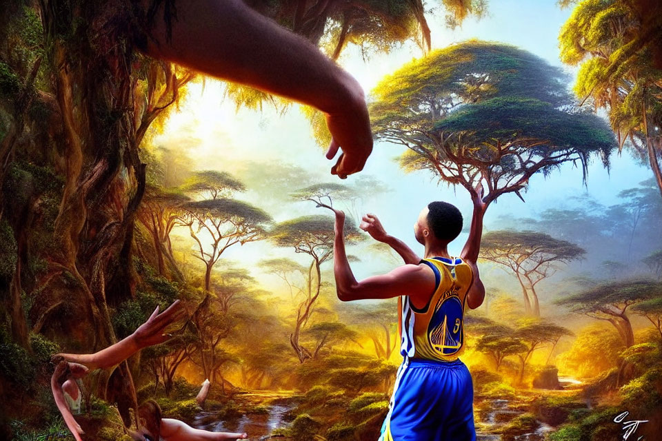 Surreal forest scene with basketball player and giant hand