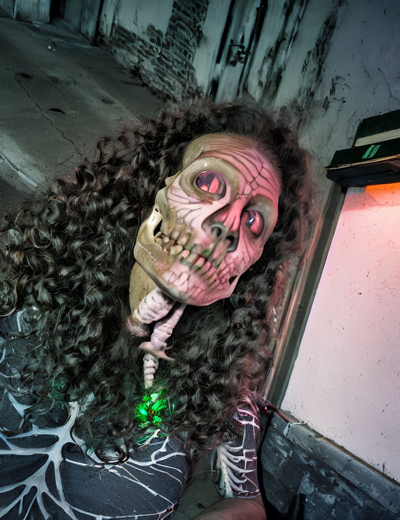 Detailed Skull Mask Skeleton Costume with Green Illumination