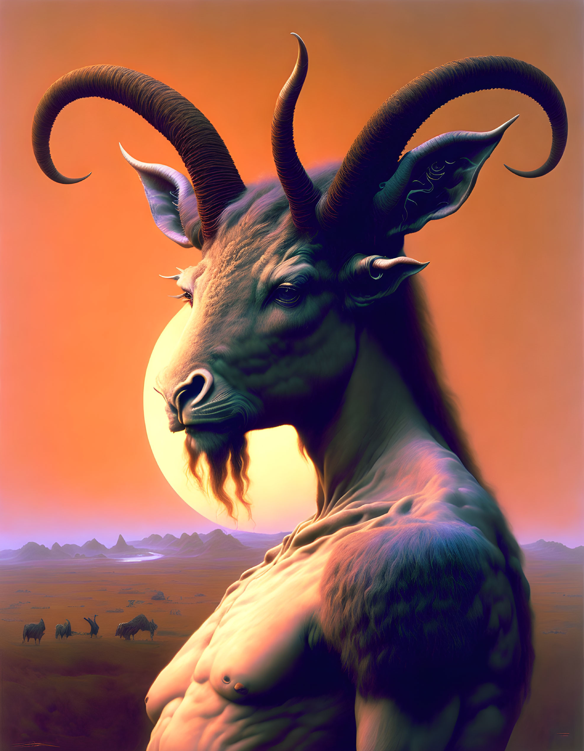 Muscular humanoid goat with large horns in surreal landscape