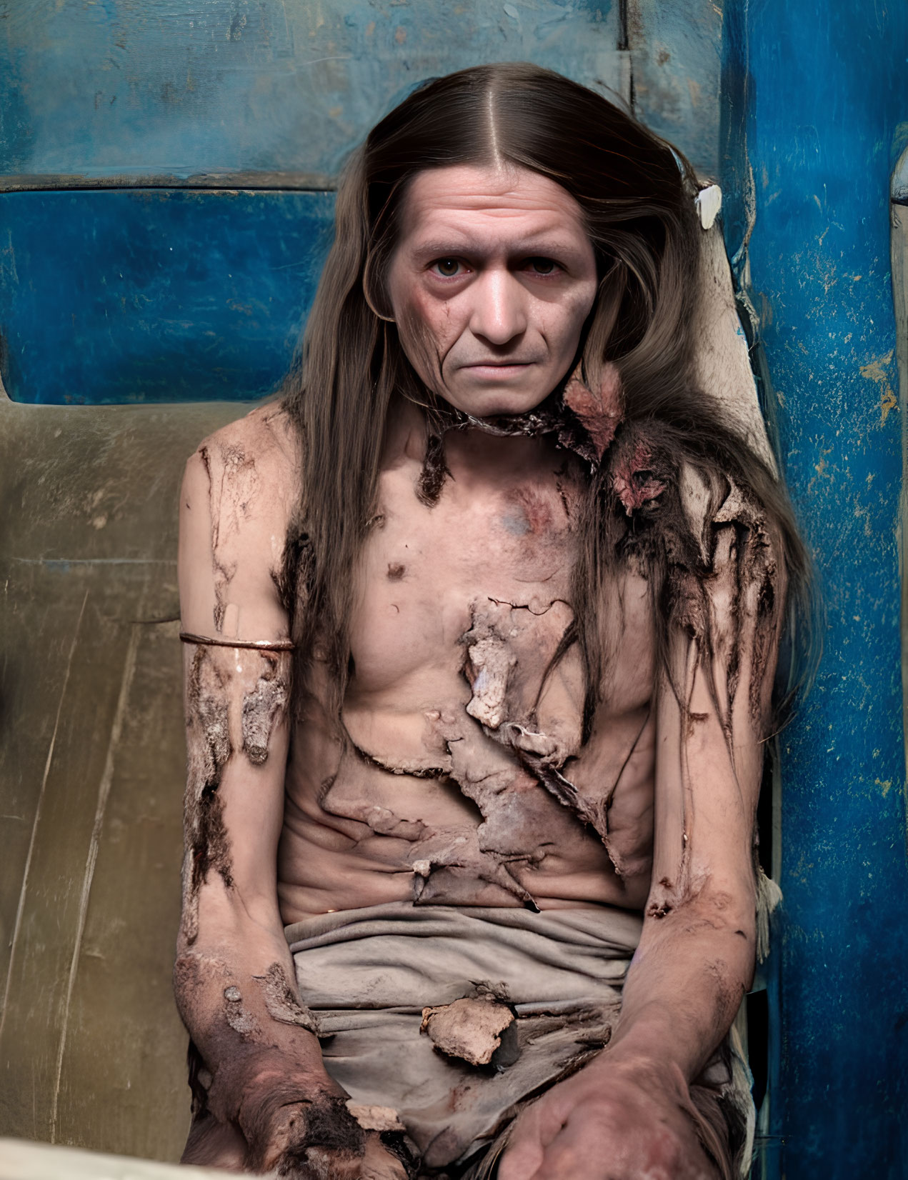 Long-haired person with decaying skin against blue wall.