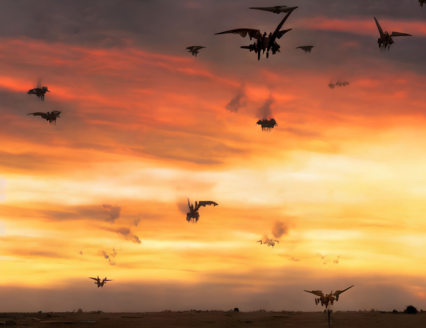 Birds flying in vibrant orange and yellow dusk sky with scattered clouds