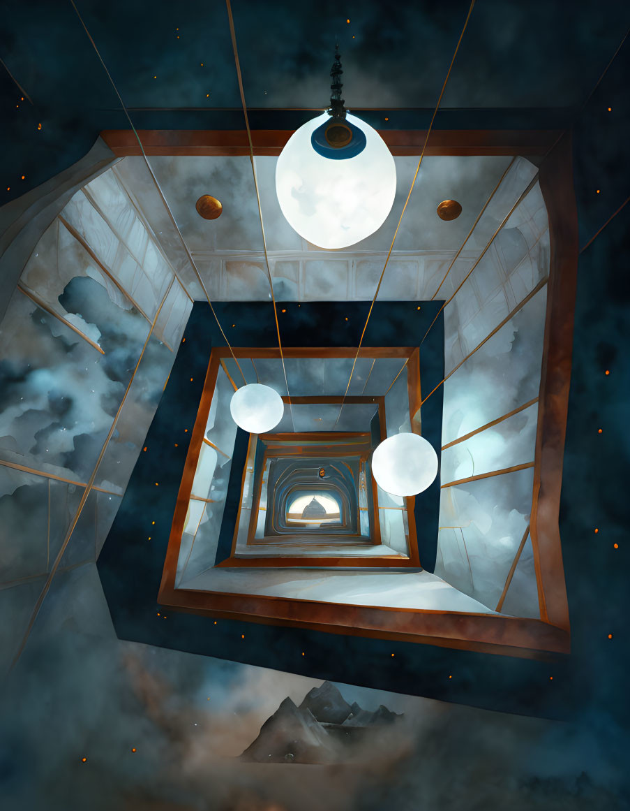 Surreal square tunnel with moon, clouds, mountain, orbs, and starry sky