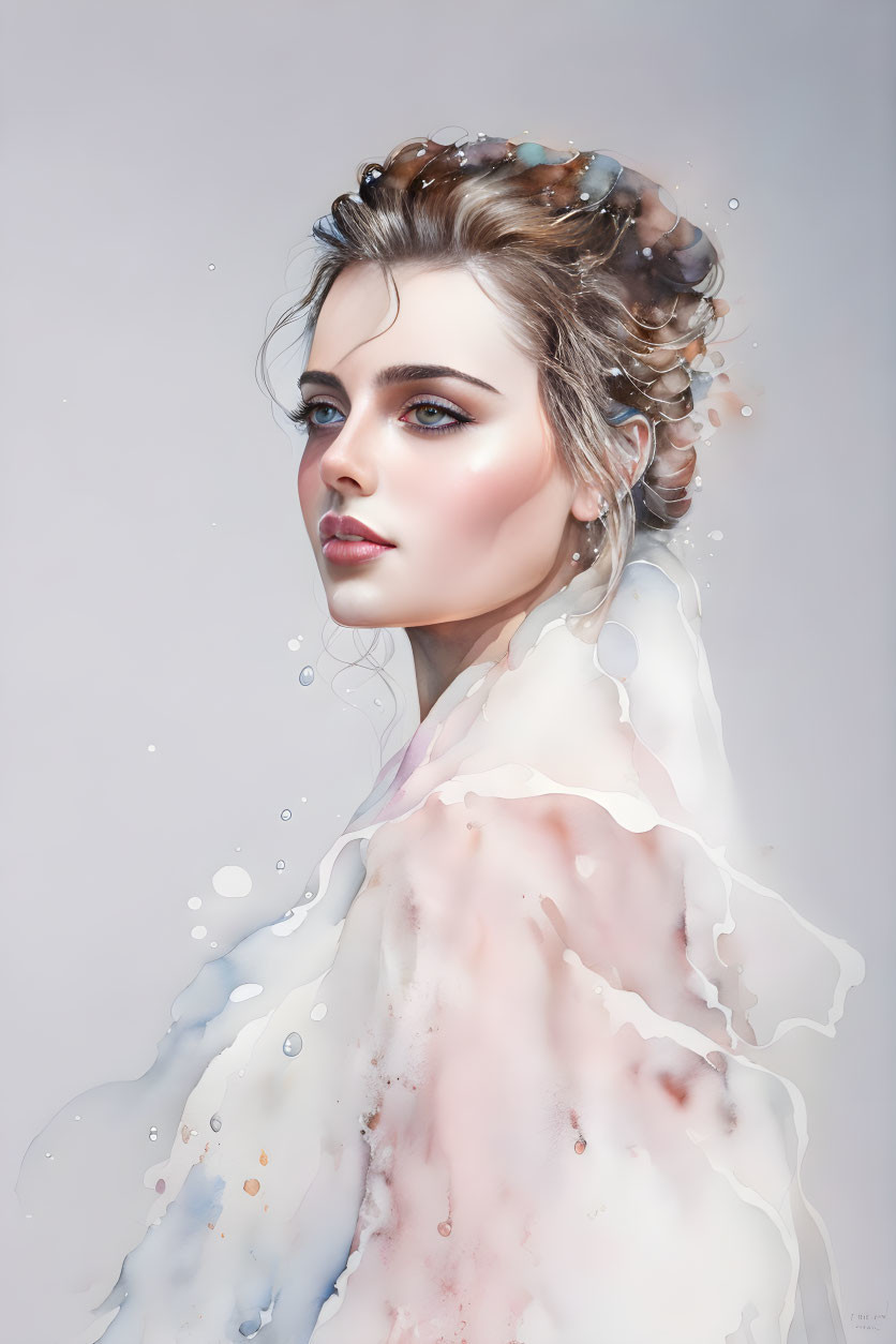 Delicate Woman Portrait with Water Elements and Pastel Tones