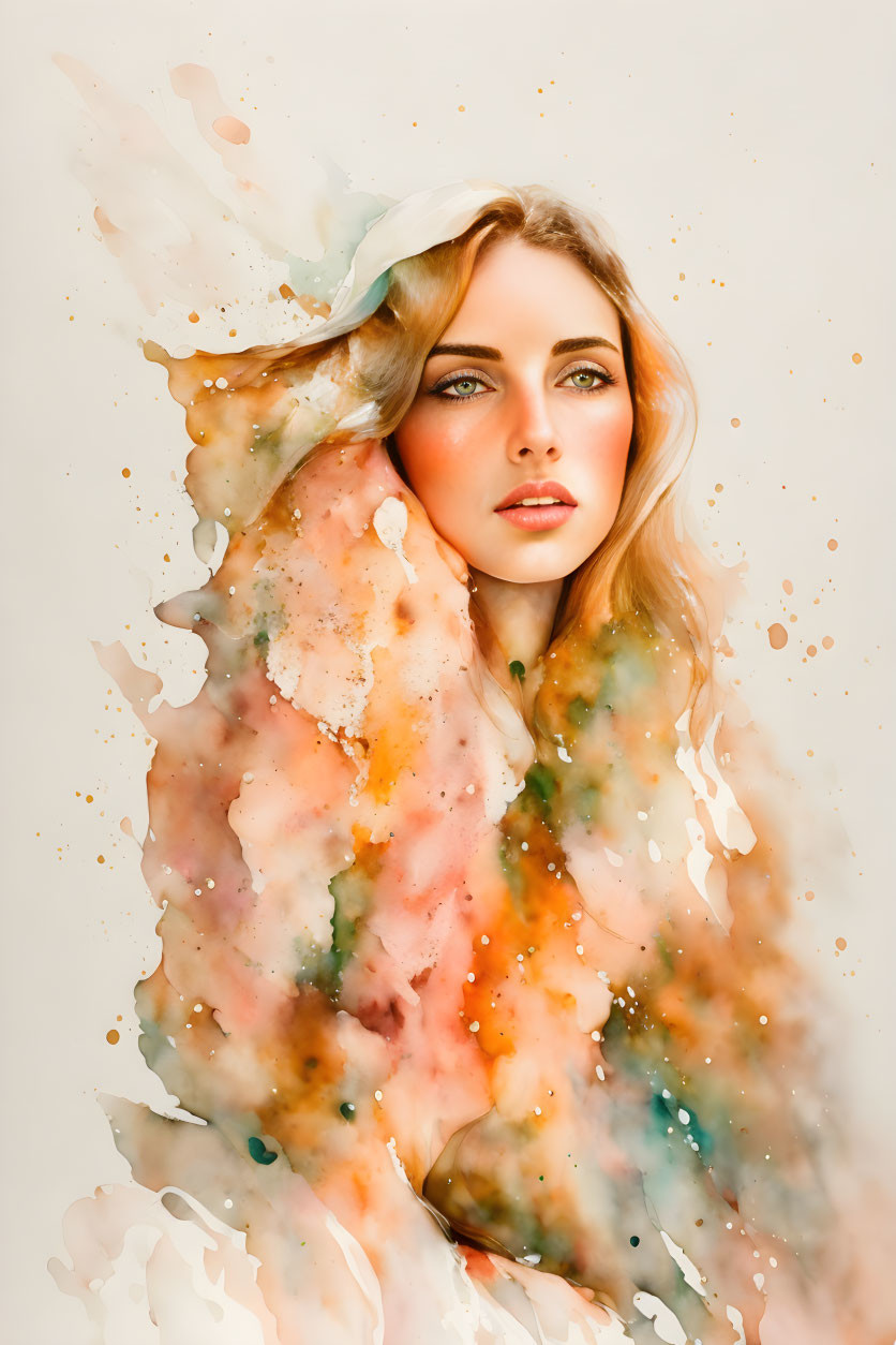 Portrait of a woman with watercolor effects in warm autumn hues