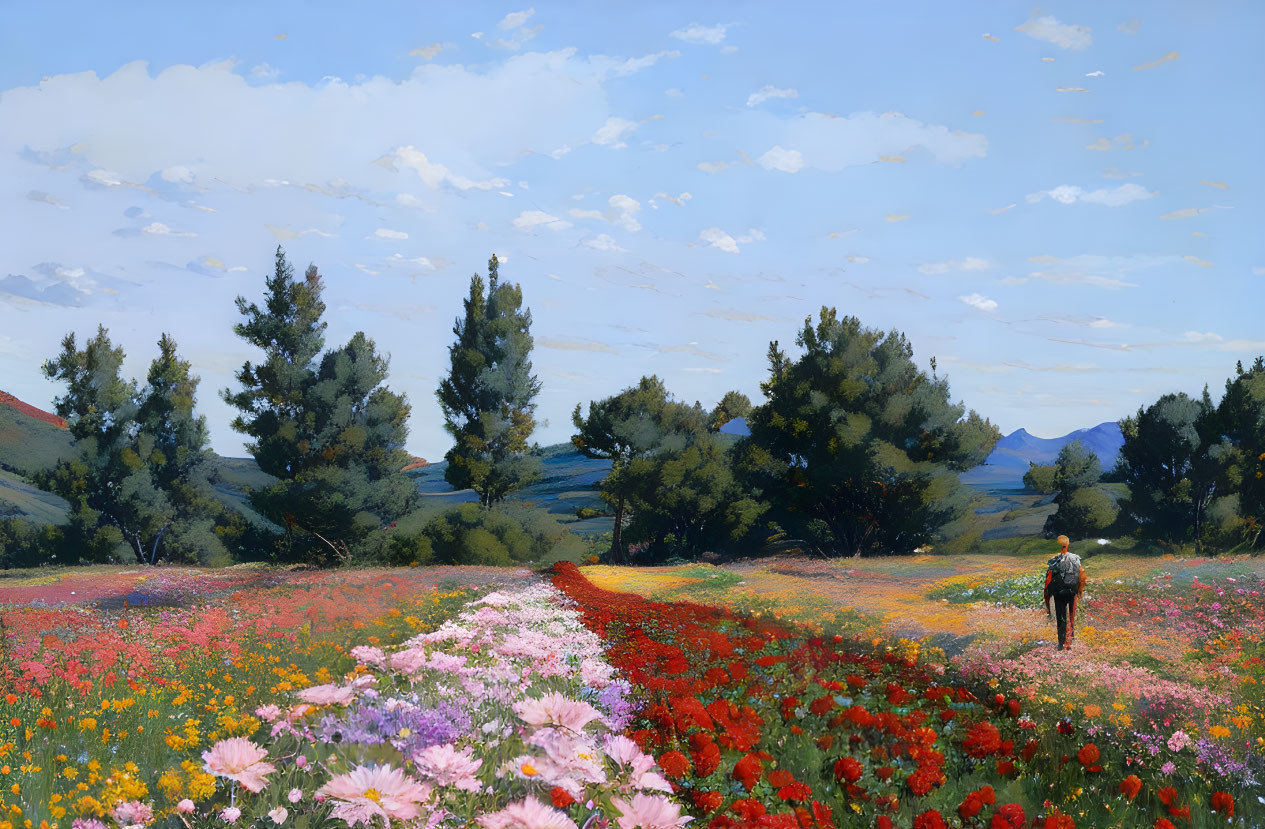 Man walking through colorful flower field