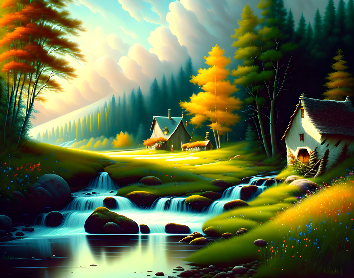 Tranquil landscape with cottages, stream, waterfalls, and lush trees