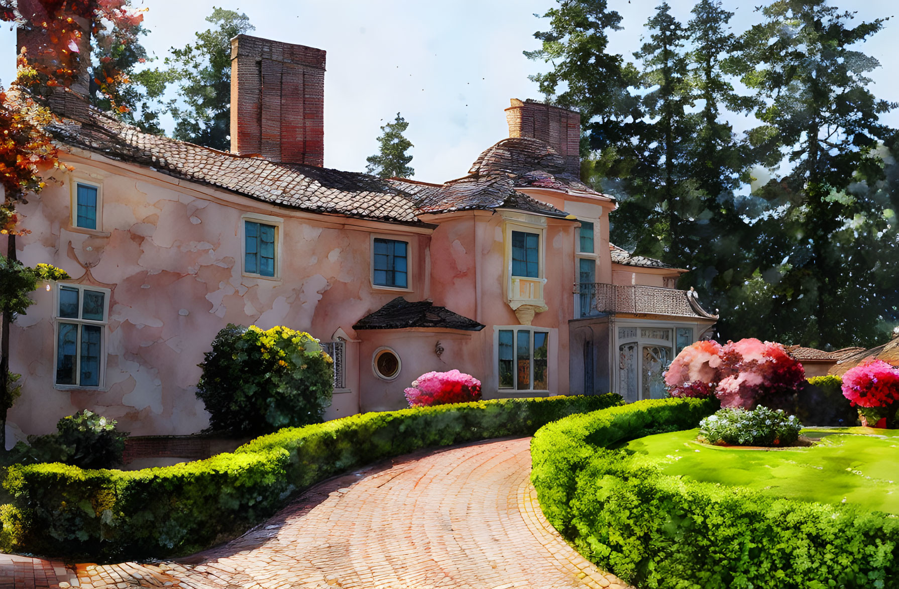 Old house with terracotta tiles, lush green hedges, pink bushes, sunny sky