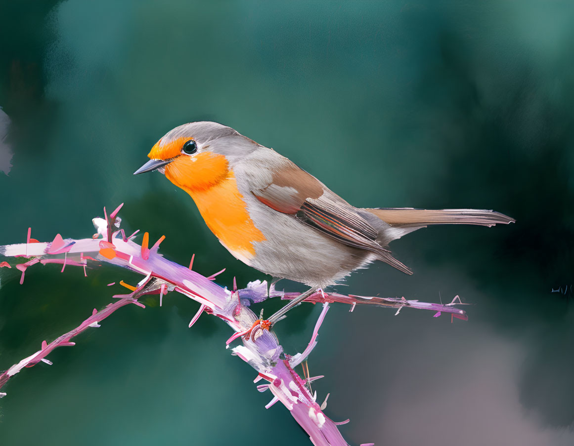 Colorful robin on pink thorny branch with green backdrop