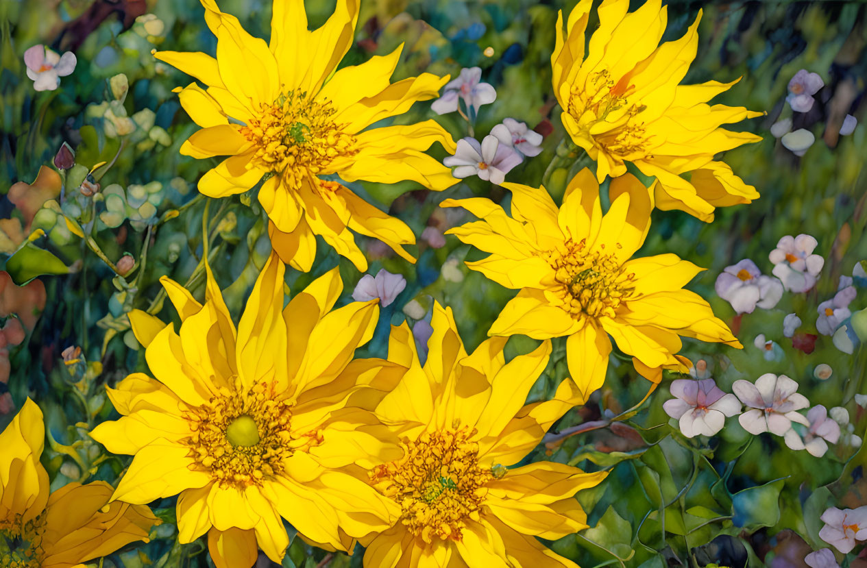 Vibrant yellow flowers with large petals on a green backdrop