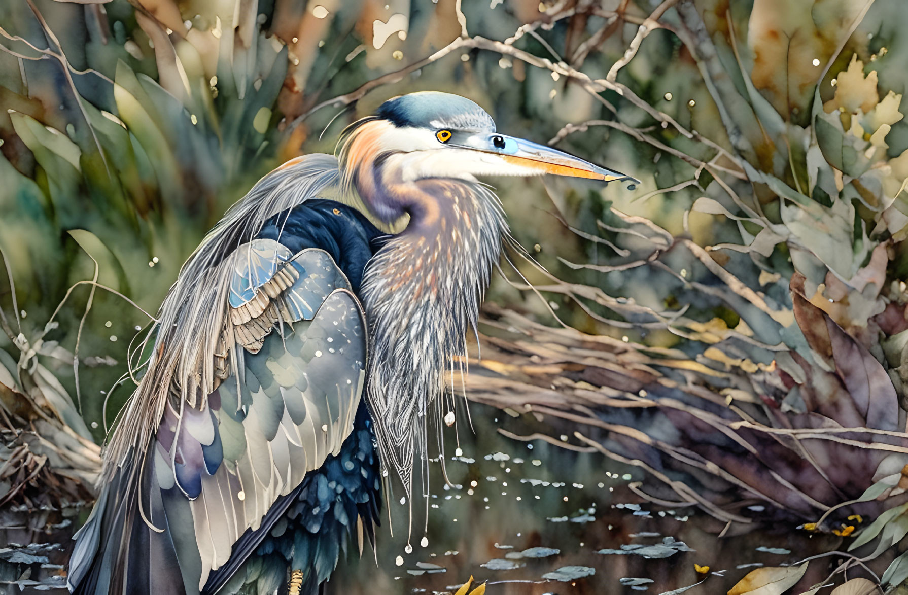 Detailed Plumage of Great Blue Heron in Sunlit Reeds