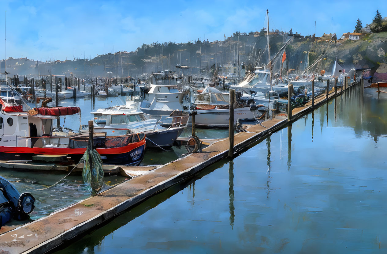 Scenic marina with boats, docks, and hillside buildings