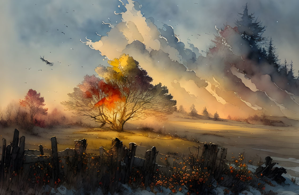 Autumnal tree in misty landscape with birds and dusky sky