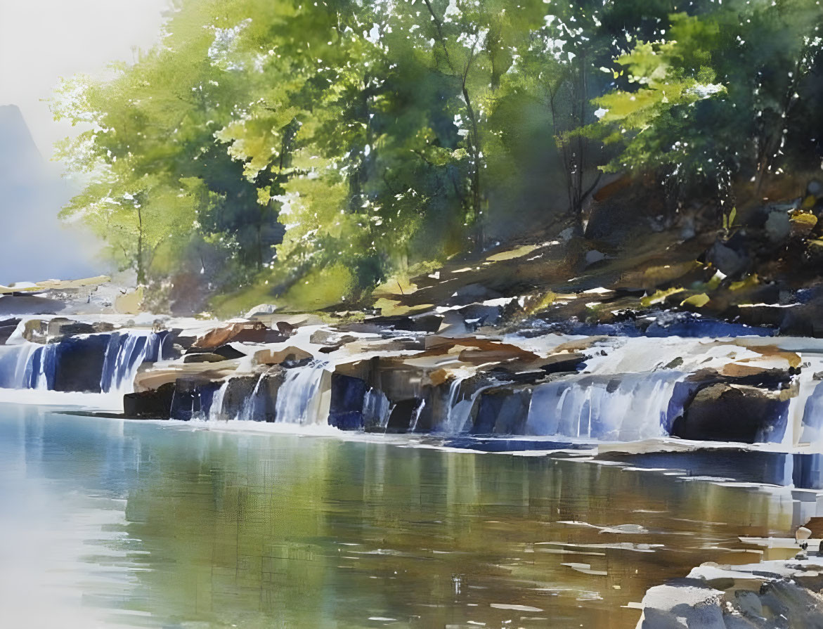 Tranquil Watercolor Painting of Waterfall and River