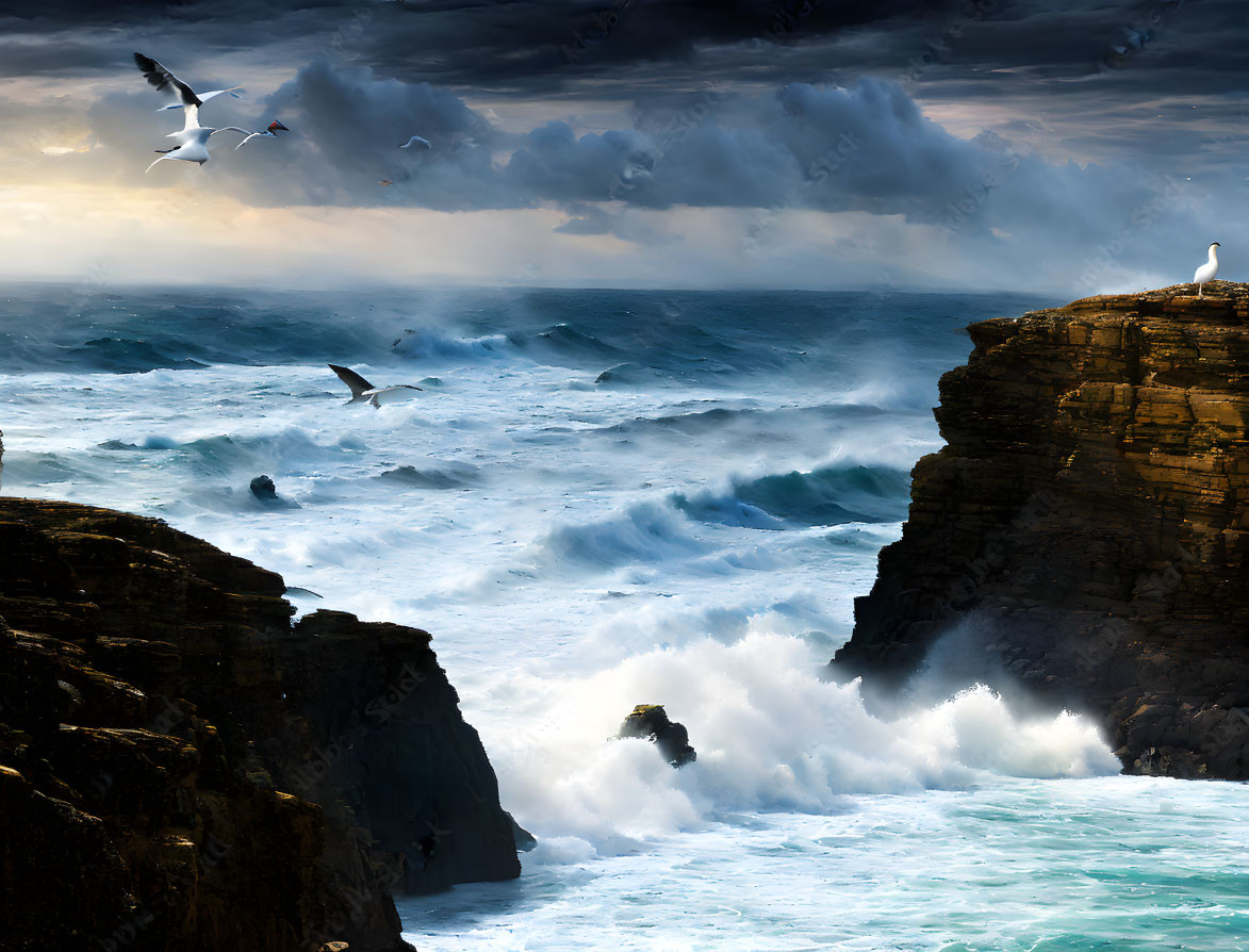 Seagulls soaring over stormy ocean waves and cliffs under breaking sunlight