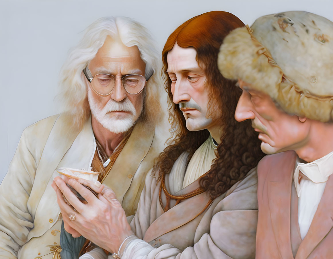 Three men with diverse historical attire and hairstyles examining an object.