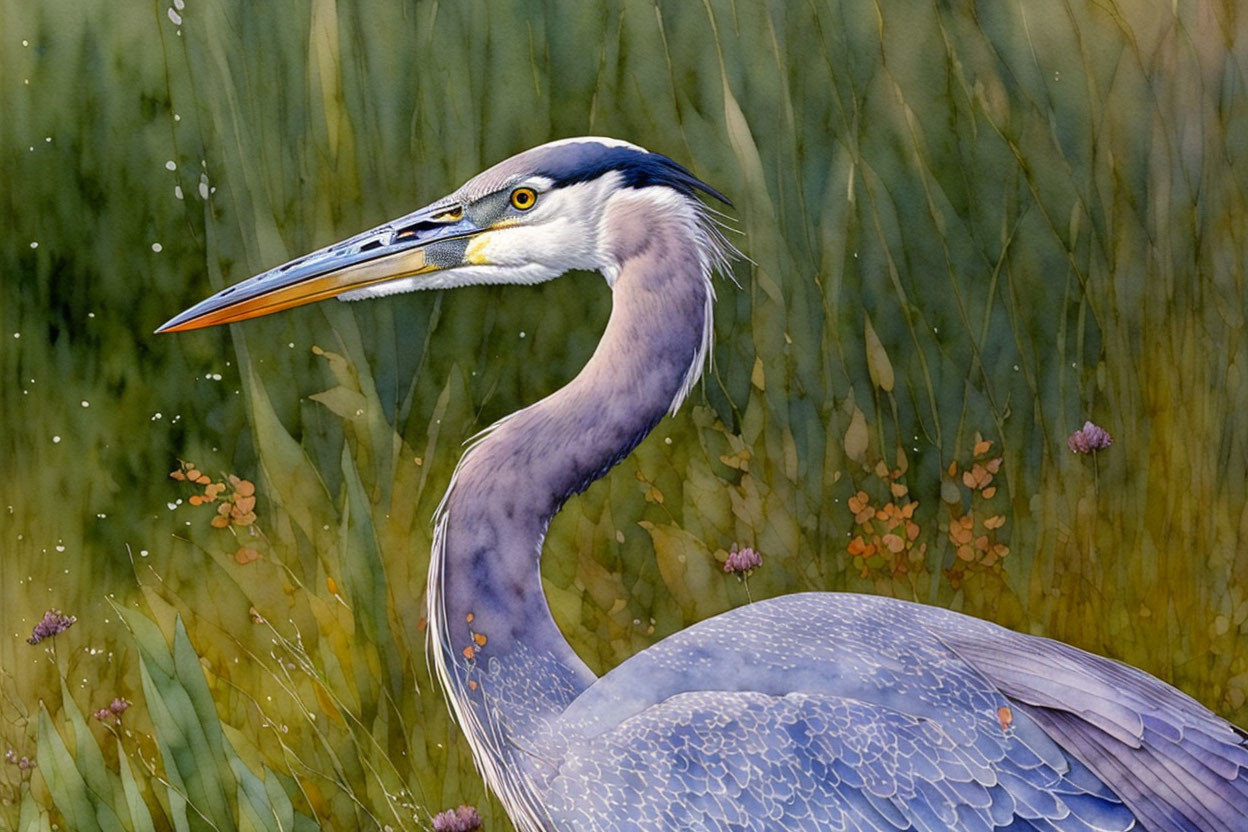 Blue heron in reeds with sharp eye and pointed beak amid greenery