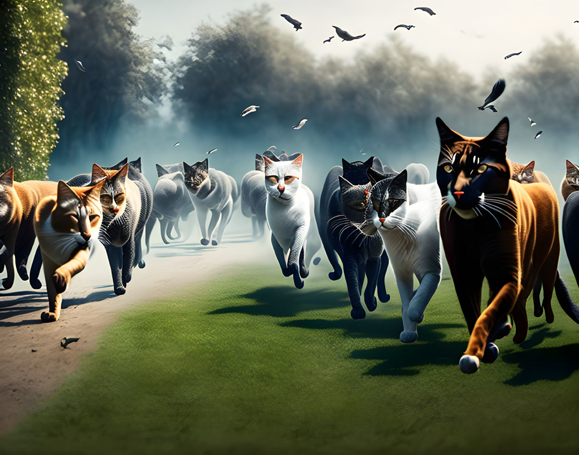 Various patterned cats running on lush green path with birds in background