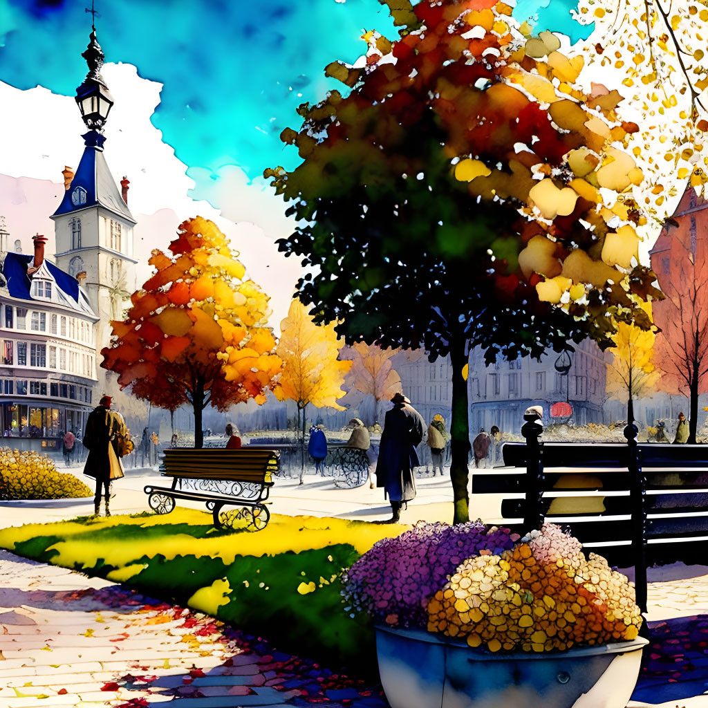 Colorful Watercolor Painting: Autumn City Park Scene