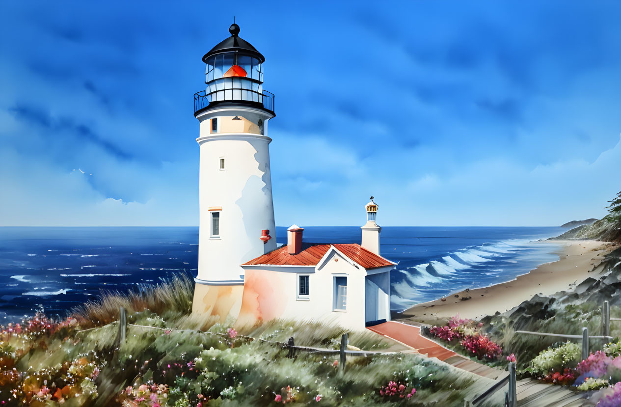 Scenic lighthouse by beach with wildflowers and waves