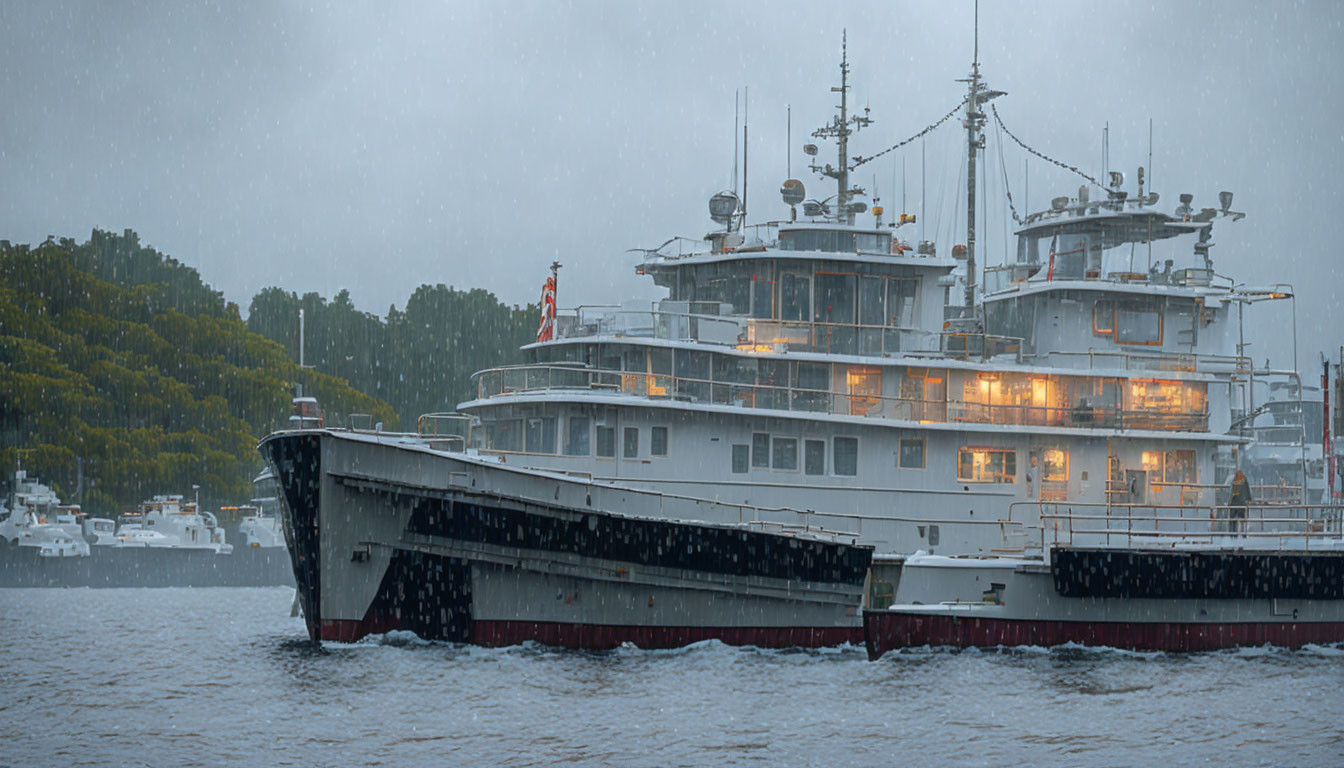 Luxury yachts moored in rain with warm glowing lights