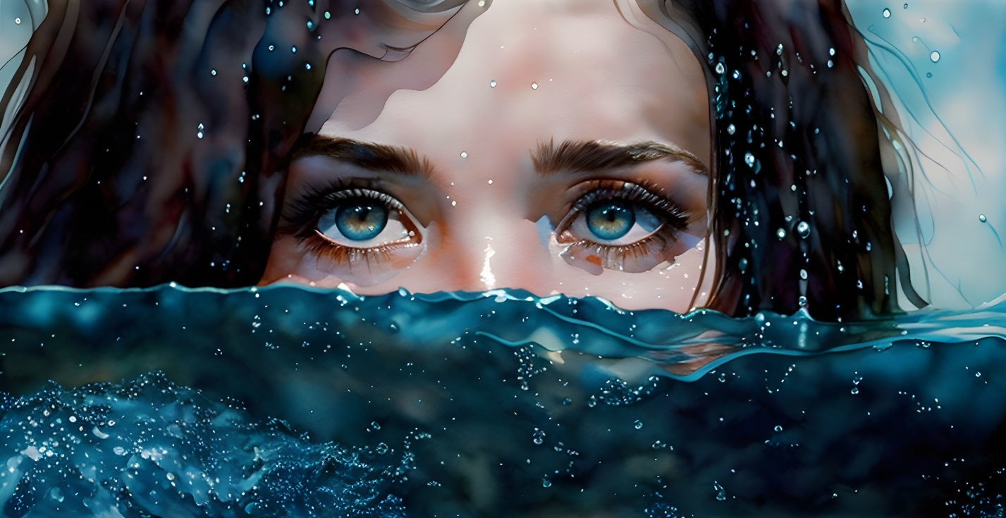 Detailed Close-Up of Woman's Blue Eyes Above Water with Droplets